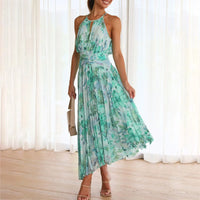Robe longue verte sans manches à encolure ronde, imprimé feuillage et ceinture nouée