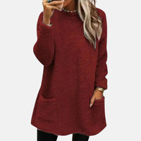 Pull long à poches, manches longues, tissu texturé bordeaux