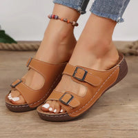 Sandales bohèmes marron à bout ouvert, semelle épaisse et brides à boucles rectangulaires