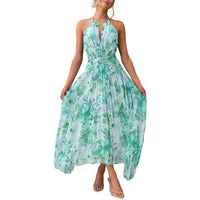 Robe longue sans manches vert clair à imprimé feuillage, taille marquée par lien