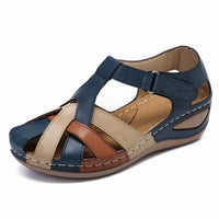 Sandales orthopédiques à brides bleu marine, beige et marron, semelle épaisse