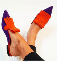 Escarpins à talon arrière ouvert violet à bride orange plissée
