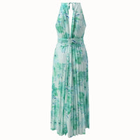 Robe longue verte dos avec lien à nouer, imprimé feuilles et taille ceinturée