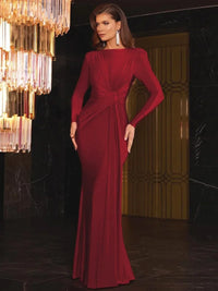 Robe longue rouge bordeaux, manches longues, drapé torsadé à la taille