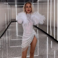 Robe argentée à sequins avec manches en plumes blanches, fente sur le côté