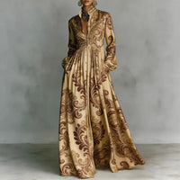 Robe longue boutonnée imprimé cachemire doré-beige, taille froncée, manches longues