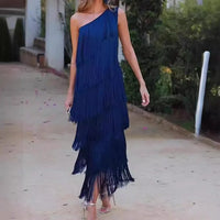 Robe longue à franges bleu nuit, asymétrique une épaule, bretelle fine