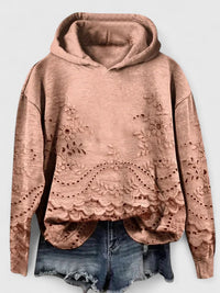 Sweat à capuche brun rosé en molleton, broderies florales et bas dentelé
