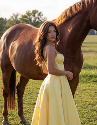 Robe jaune à bretelles fines, jupe évasée et corsage bustier