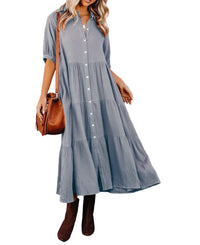 Robe midi bleu gris boutonnée, col chemise, manches mi-longues et volants
