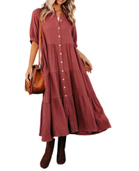 Robe midi boutonnée, manches courtes, tissu léger bordeaux, coupe évasée
