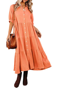 Robe midi boutonnée, manches courtes, tissu fluide orange saumon, jupe évasée