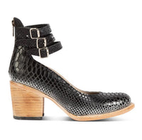 Bottines hauteur cheville noires motif croco, brides à boucles et talon en bois