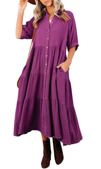 Robe midi violet boutonnée, col chemise, manches mi-longues et volants en paliers