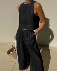 Ensemble 2 pièces noir : débardeur sans manches et pantalon ample à taille élastique