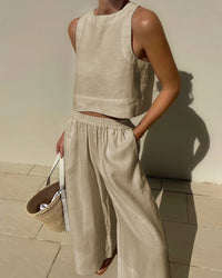 Ensemble 2 pièces couleur beige : débardeur sans manches et pantalon fluide à taille élastique