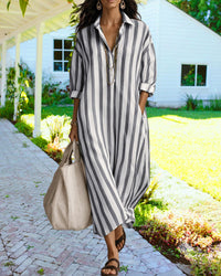 Robe-chemise longue rayée noir et blanc, col chemise, poignets boutonnés