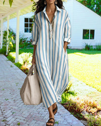 Robe-chemise longue rayée bleu et blanc, col chemise, fermeture à patte