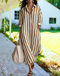 Robe-chemise longue rayée marron et beige, col chemise, manches retroussées