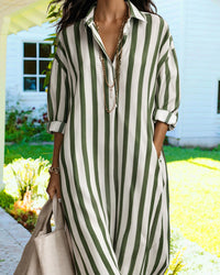 Robe-chemise longue rayée vert, col chemise et patte de boutonnage