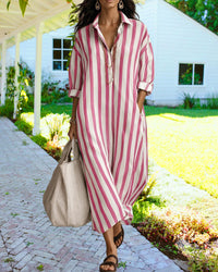 Robe-chemise longue rayée rose et blanc, col chemise, boutons au devant