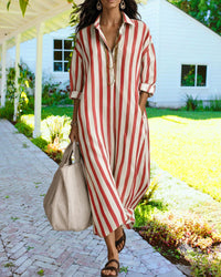 Robe-chemise longue rayée rouge et blanc, col chemise, manches retroussées