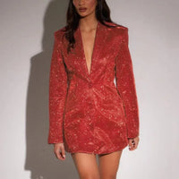 Robe blazer rouge scintillante à col V, manches longues et jupe courte
