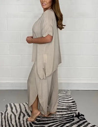 Ensemble d’été beige : blouse ample manches courtes et pantalon fluide assorti