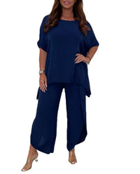 Ensemble d’été bleu marine : blouse ample manches courtes et pantalon large assorti