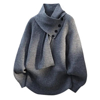 Pull col écharpe gris, boutons noirs, maille côtelée