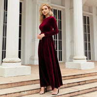Robe en velours Dalia™ bordeaux, manches longues, ceinture nouée, coupe longue