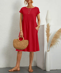 Robe midi d’été rouge à manches courtes, encolure ronde et empiècement volanté