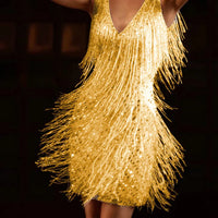 Robe Kailani™ à franges dorées, encolure V, bretelles, courte
