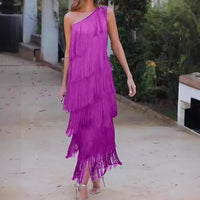 Robe longue à franges violette, asymétrique une épaule, bretelle fine
