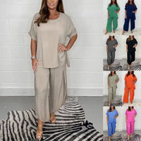 Ensemble d’été beige : blouse ample manches courtes et pantalon fluide à jambe large