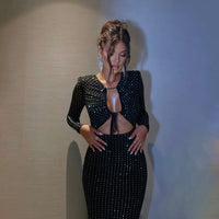 Robe glamour près du corps noire à petits motifs brillants, manches longues