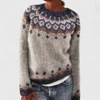 Pull jacquard manches longues gris chiné, motif floral multicolore bleu et orange.