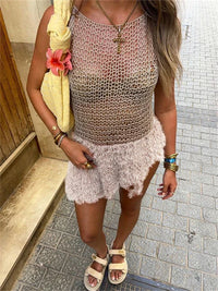 Robe courte débardeur maille ajourée beige, ourlet frangé et encolure en U