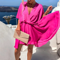 Robe midi rose vif cache-coeur, manches bouffantes et ceinture froncée