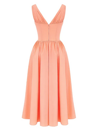 Robe midi pêche à corset, vue de face, décolleté V et jupe évasée