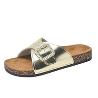 Sandales bohèmes beige, bride large et boucle carrée décorée de strass