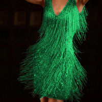Robe Kailani™ à franges vert émeraude, encolure V, bretelles, courte