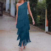 Robe longue à franges bleu-vert, asymétrique une épaule, bretelle fine