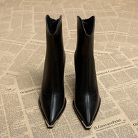 Bottes noir à bout chromé, talon carré épais, vue de dessus