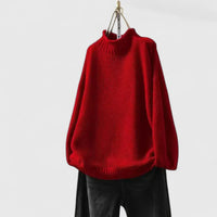 Pull col roulé intemporel Clotilde rouge, maille côtelée, manches longues amples