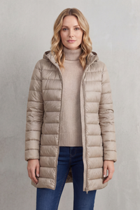 Doudoune légère à capuche beige, zip avec cordon, matelassage gonflant, coupe mi-longue