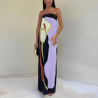 Robe longue bandeau, imprimé abstrait noir et violet avec touches beige