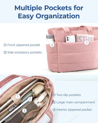 Cabas matelassé rose avec multiples poches, grand compartiment central