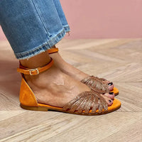 Sandales plates orange à bride cheville et brides pailletées dorées, bout ouvert