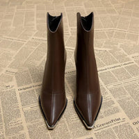 Bottes marron à bout chromé, talon carré moyen, bout pointu